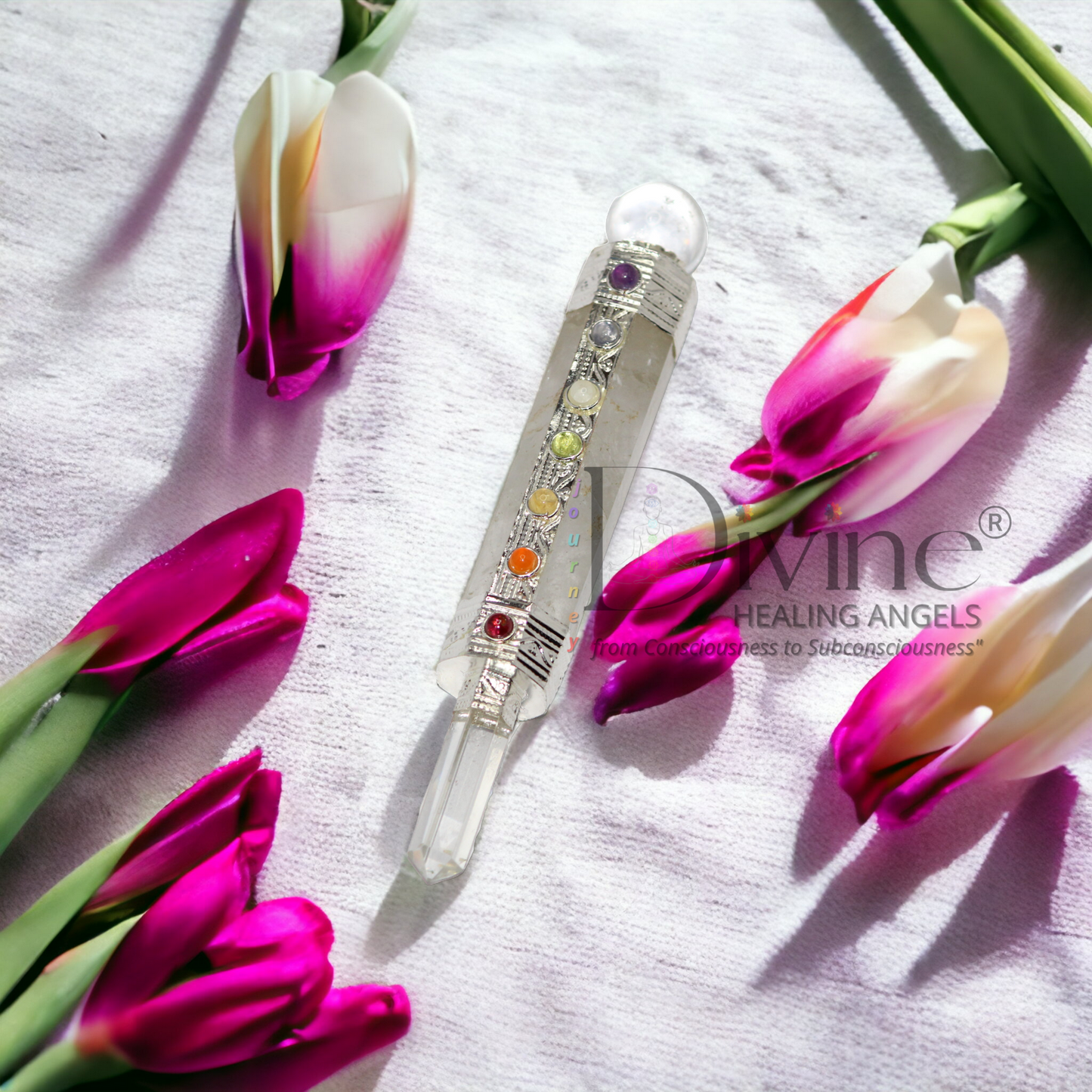 CLEAR QUARTZ HEALING WAND WITH 7 CHAKRA STONE